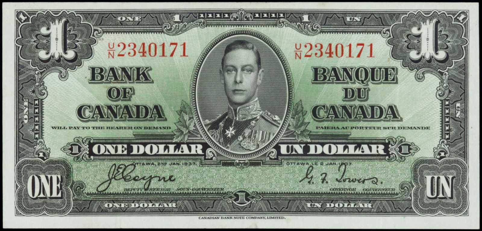 bank 1937 bill canada value dollar canadian note currency