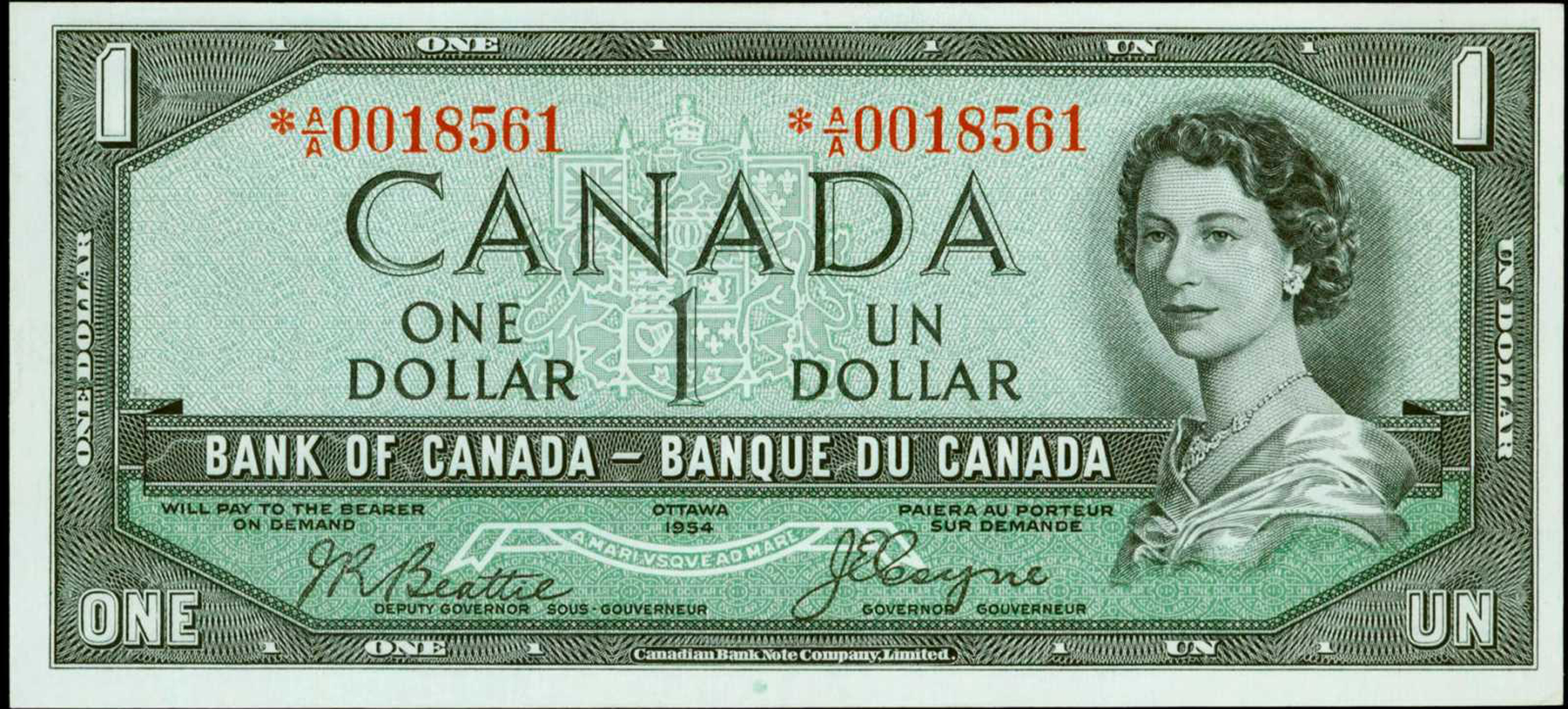 Value of 1954 Devils Face 1 Bill from The Bank of Canada Canadian